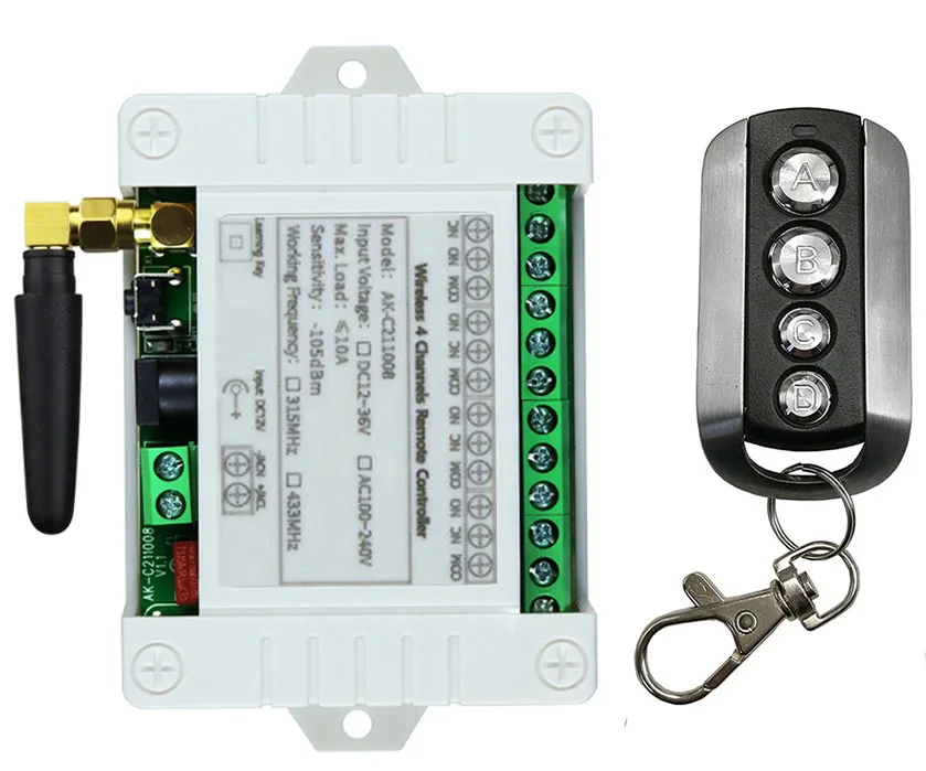 Universal Wireless Remote Control Switch DC 12V 24V 36V 4CH 10A Relay Receiver Module With 4 Channel RF 433 Mhz Transmitter
