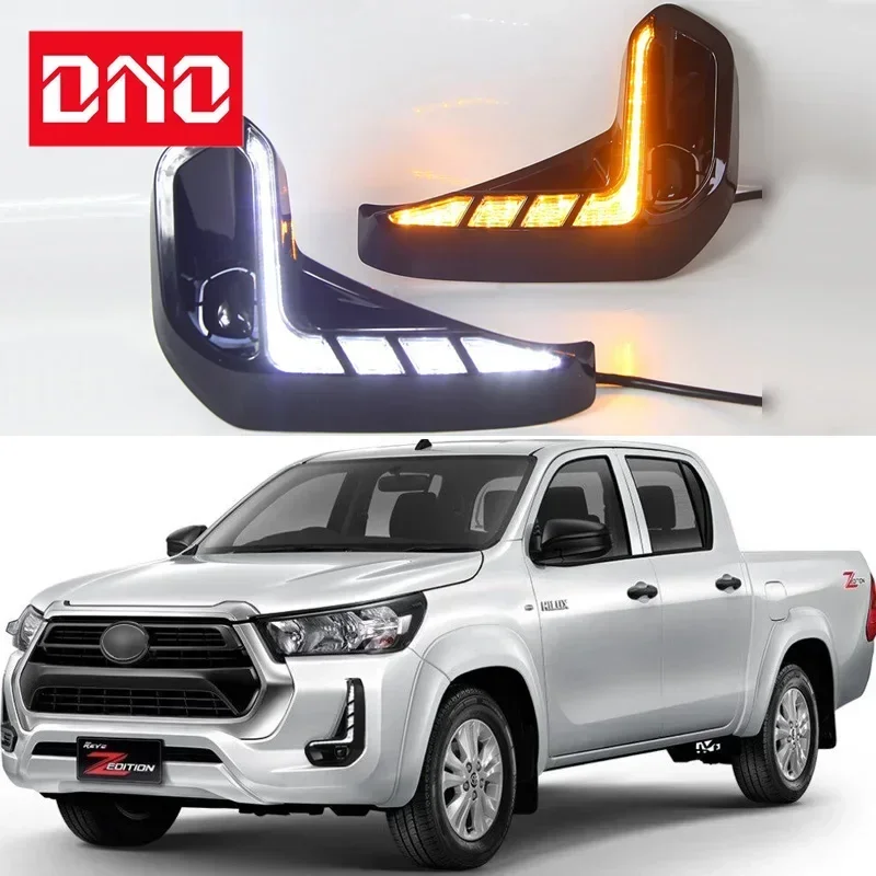Car LED DRL 12V Daylights For Toyota Hilux Revo Recco 2020 - 2024 Yellow Turn Signal Daytime Running Headlamps Auto Driving Lamp