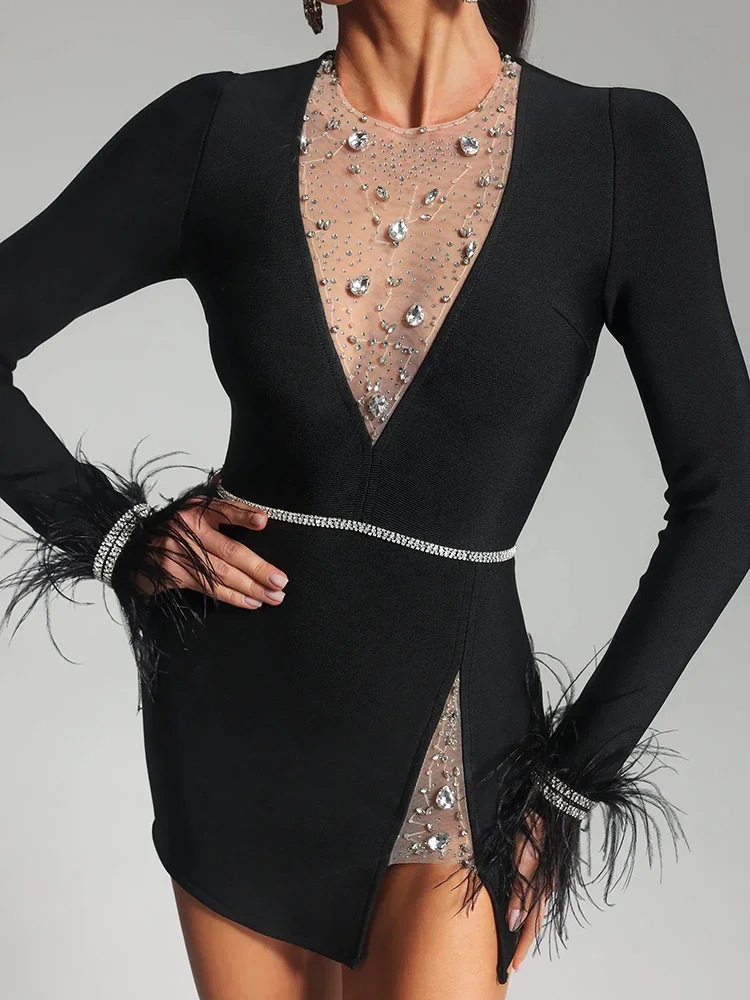 

GPBD Short Dresses For Women Long Sleeves Feather Luxury Rhinestone Mesh Patchwork Black Bandage Mini Dress 2024