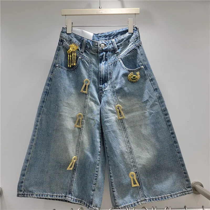 

European and American Personalized Streetwear Metal-decorated Women's Jeans, 2026 Spring-summer New Niche Denim Mid-length Pants