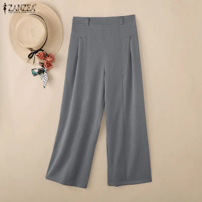 ZANZEA Women's Loose Wide Leg Pants Minimalist Casual Elastic Waist Inverted Pleats Solid Color Trousers Commuting Woman Palazzo