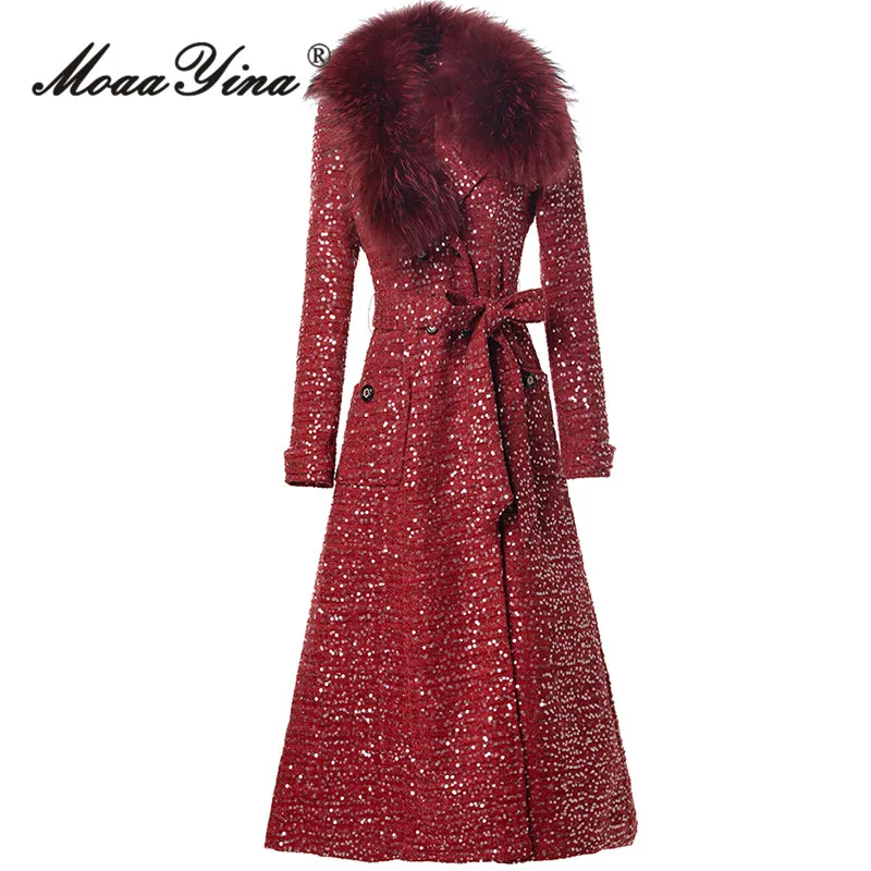 

MoaaYina Autumn And Winter Coat With Beaded Sequins Decoration Double Breasted Buttons And Waist Belt S-4XL Coat Jacket