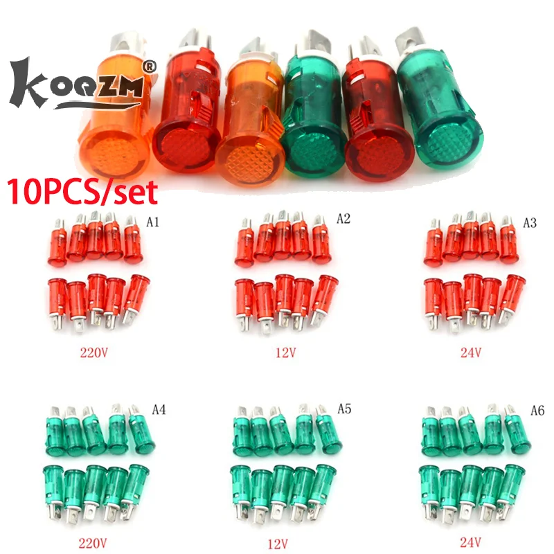

10pcs 220V 110V 12V/24VDC 10mm MDX-11A Guiding Signal Lamp Panel Mounting Neon Indicator Red Green Yellow Lights