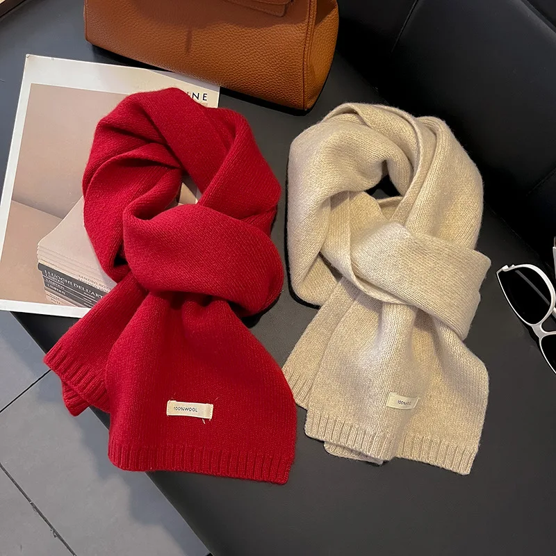 Winter Warm Scarves Fashionbale Trend Knitted Scarf Women 100% Wool Bright Solid Color Design Thickened Soft Cashmere Shawl