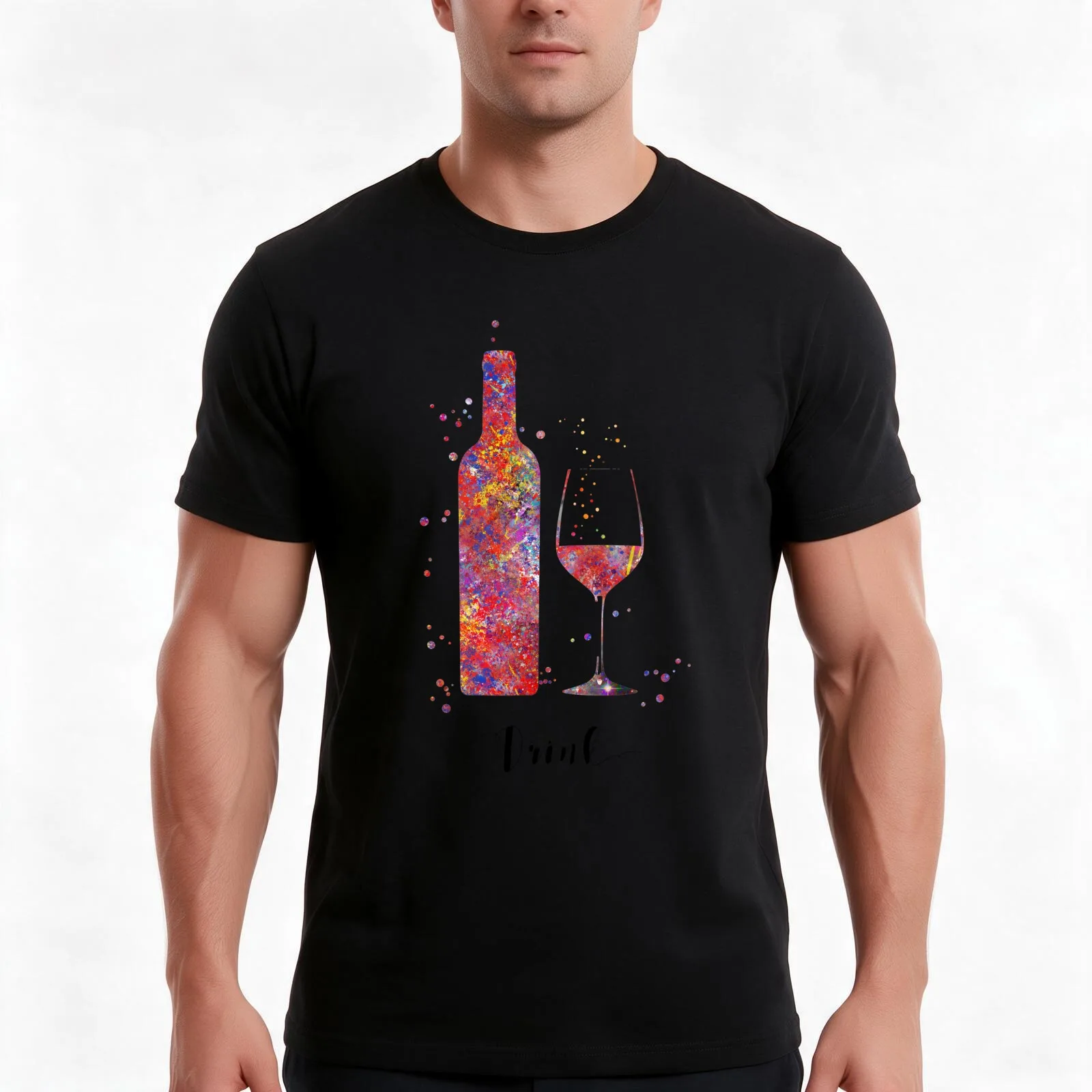 Wine bottle and glass T-Shirt, Summer Casual Cotton Tee, Oversized Streetwear Tops, Vintage Graphic Print, Unisex Men Women