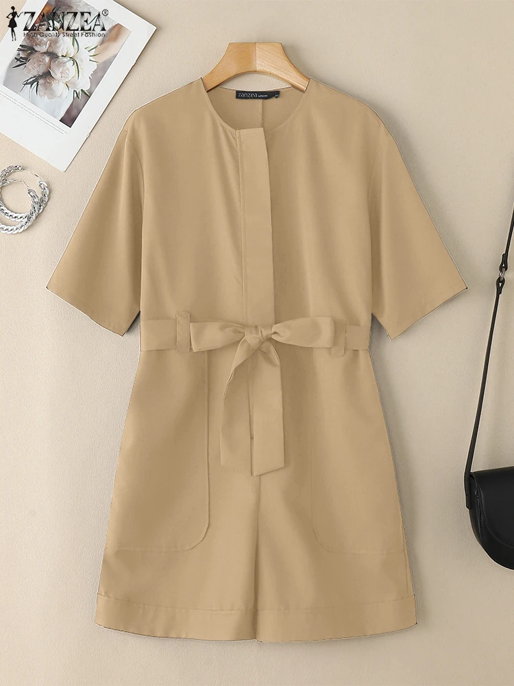 

ZANZEA Work Wear O-Neck Rompers Summer Women Casual Loose Playsuits Fashion Tie Waist Half Sleeve Wide Leg Shorts Jumpsuits