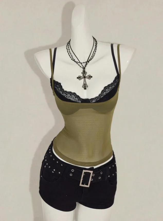Damen Sommer Hochgeschnittenes Rückenfreies Ärmelloses Top Süßes Heißes Sexy Transparentes Spitzen-Top in Unifarbe mit Schlankem Schnitt und Neckholder-Ausschnitt (ohne Unterwäsche) – Detail 3