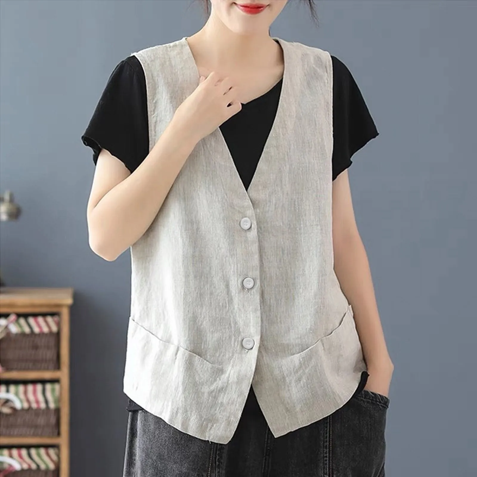 Women's Linen Vest Summer Casual Sleeveless Cardigans Jacket Loose Thin Casual Button Vest Top Female Streetwear Vest Coat