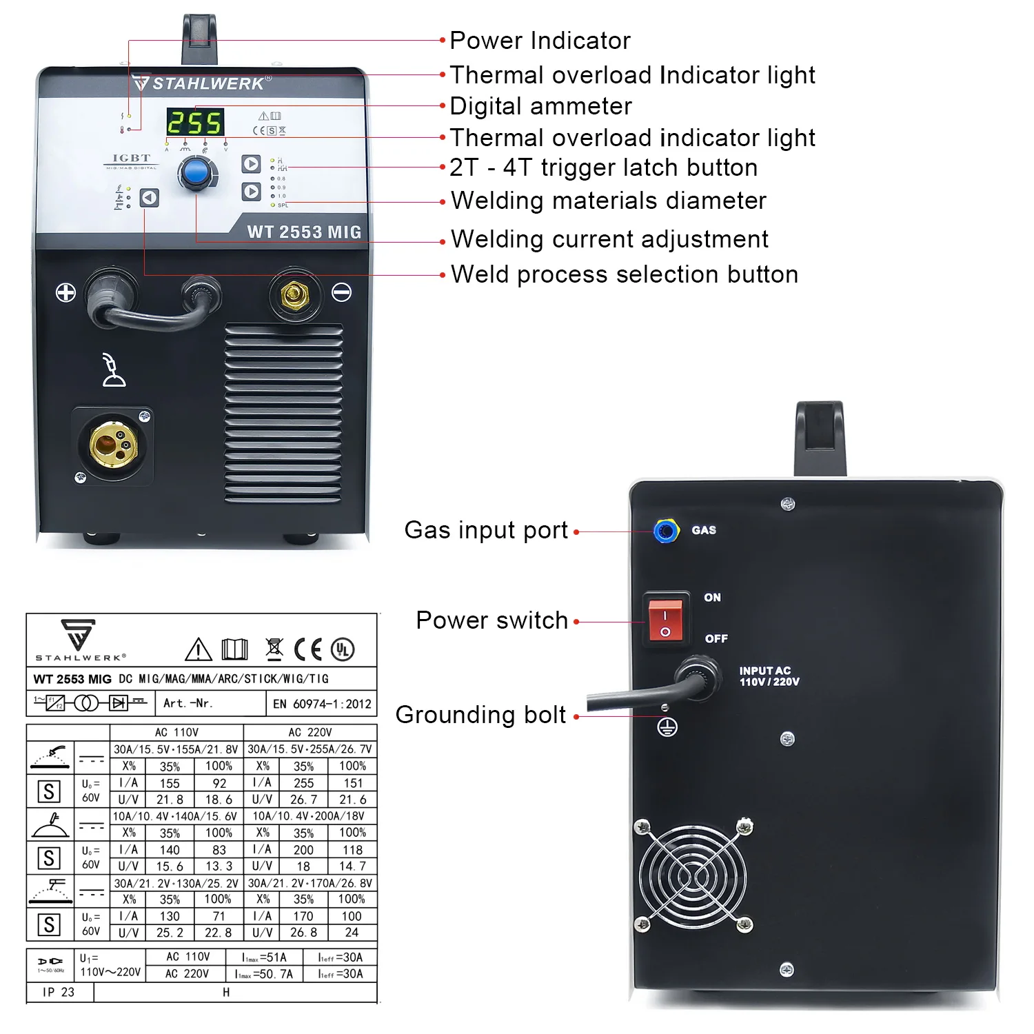 Stahlwerk &vector WT2553 4in1 MIG Co2 Gas, MIG No Gas, MMA, Lift TIG 200Amp MIG Welding Machine