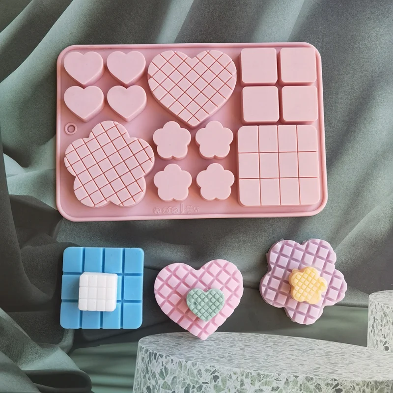 Porous Waffle Love Silicone Baking Mould Heart Flower Chocolate Jelly Ice Mold Square Cake Decor Making Set DIY Soap Candle Gift