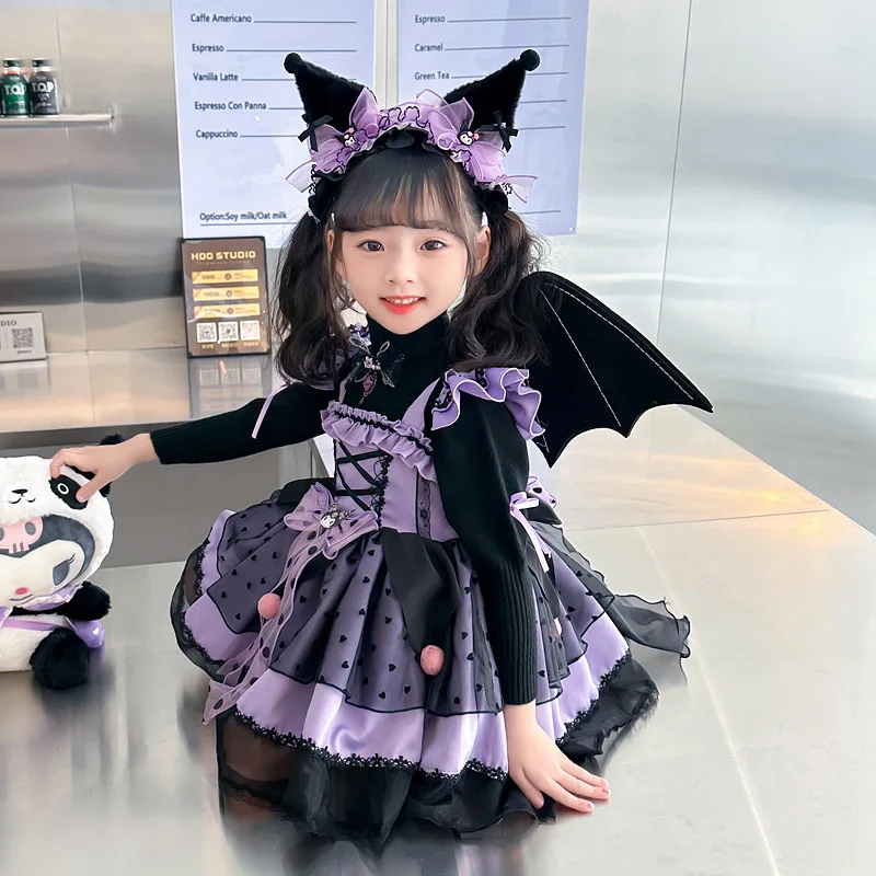 Sanrio-vestido de princesa Kuromi Lolita para niños, disfraz de primavera y otoño, falda hinchada, traje de Halloween, regalo de cumpleaños para niñas