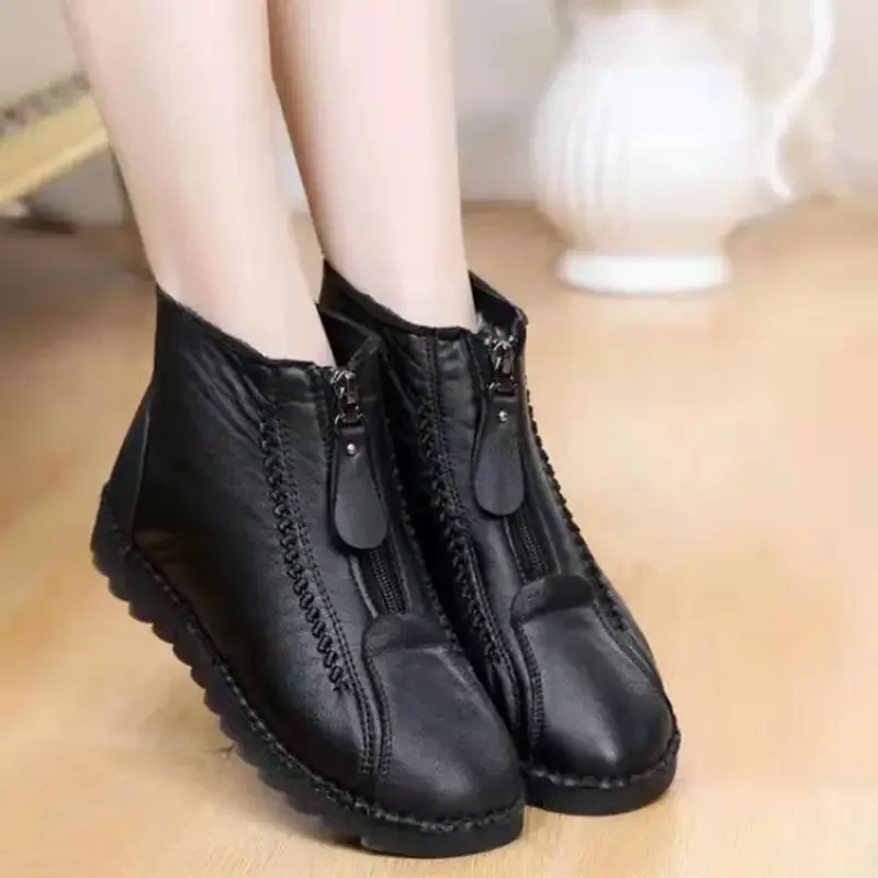 New Winter Women Ankle Boots Fashion Warm Mother\'s Boots Flat-Bottom Comfortable Non Slip Front Zipper Closure Female Footwear