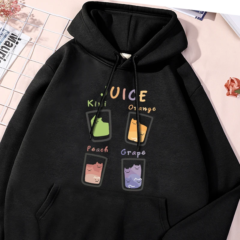 

Juice Cat Kiwi Orange Peach Grape Print Hoodies Womens Autumn Oversize Hoodie Simple Fleece Sweatshirts Street Versatile Hoody