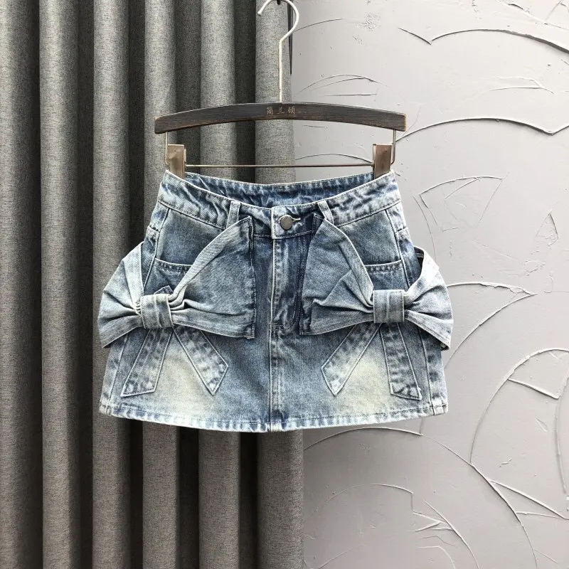 Blue Butterfly Knot High Waist Denim Mini Skirt for Women Spring Summer Fashion Age-Defying Versatile A-Line Half-length юбка