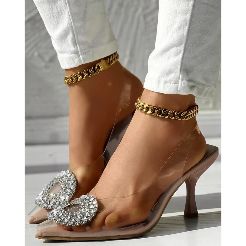 Women Rhinestone Geometric Pattern Clear Pumps Autumn Party Pointed Toe Slingback Thin Heel Shoes Korean Style Spring Fashion