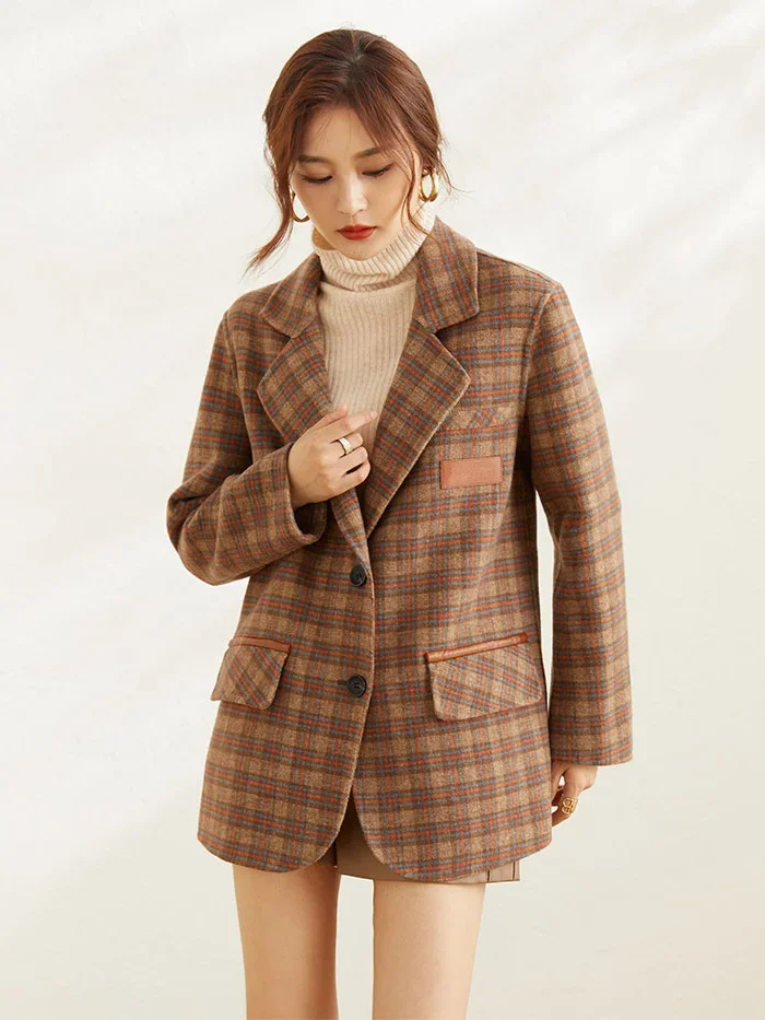 سترة نسائية جديدة منقوشة معطف البدلة سترة النسخة الكورية فضفاضة تناسب المرأة الراقية تقليد الكشمير