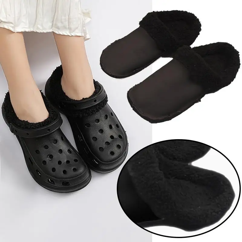 1 Pair Removable Cotton Sleeve For Crocs Slippers Black/White Insoles Inserts Fur Lined Shoes Plush Liner Winter Warm Shoe Cover