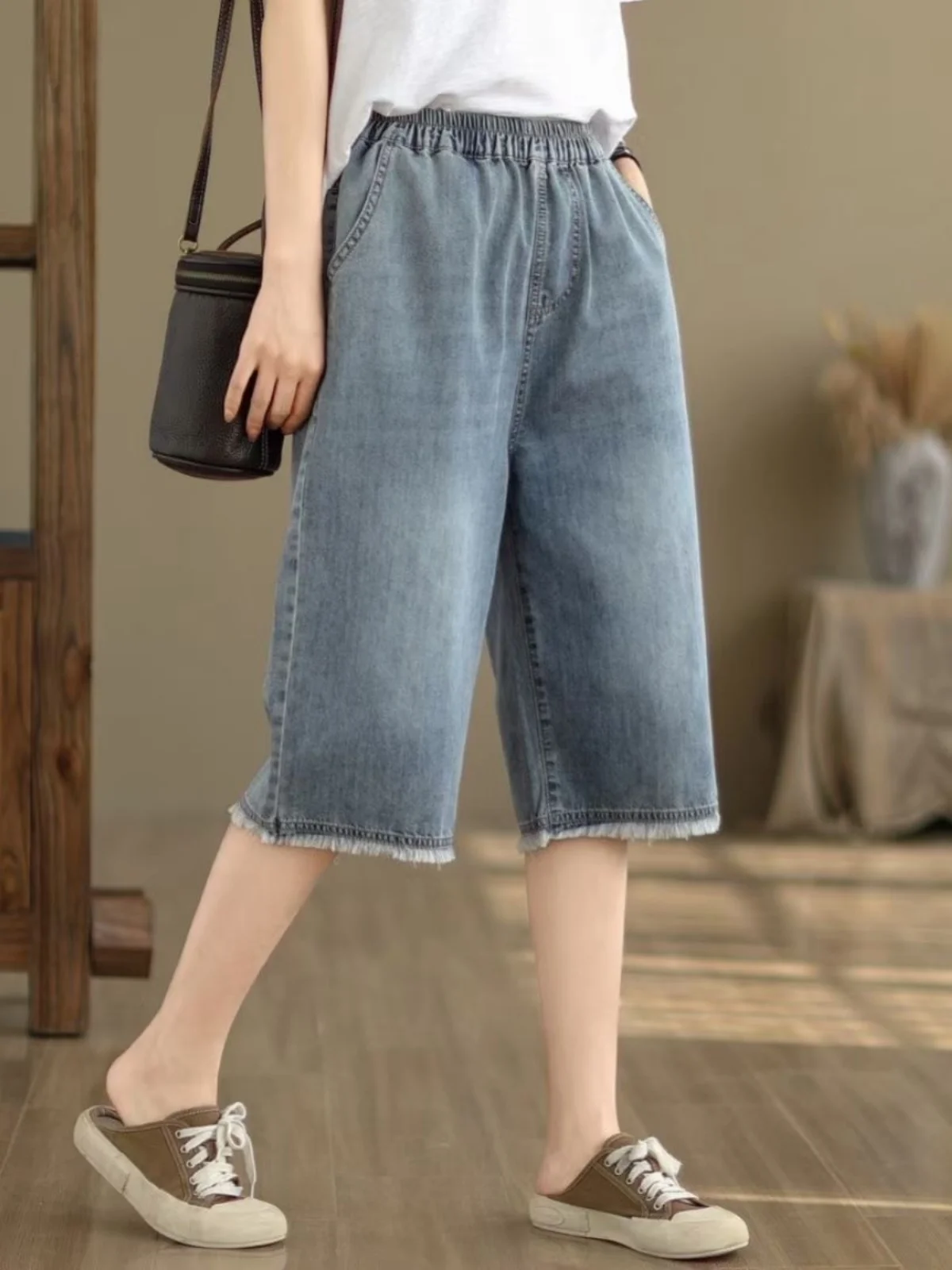

Summer Thin Loose plus Size Denim orts Women's Harem Pants High Waist Slim Straight Casual Versatile Six-Part Pants