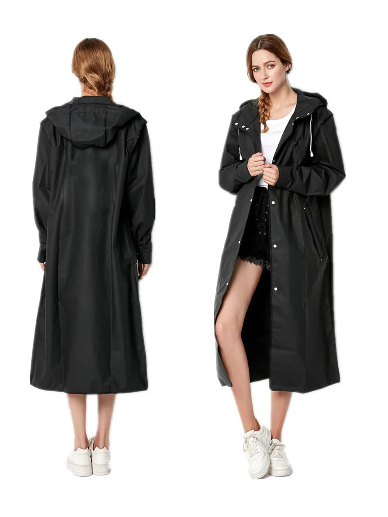 Black Adult Windbreaker Style Raincoat Hat Rope Lengthened Thickened Fashionable One-piece Outdoor Single Person EVA Raincoat