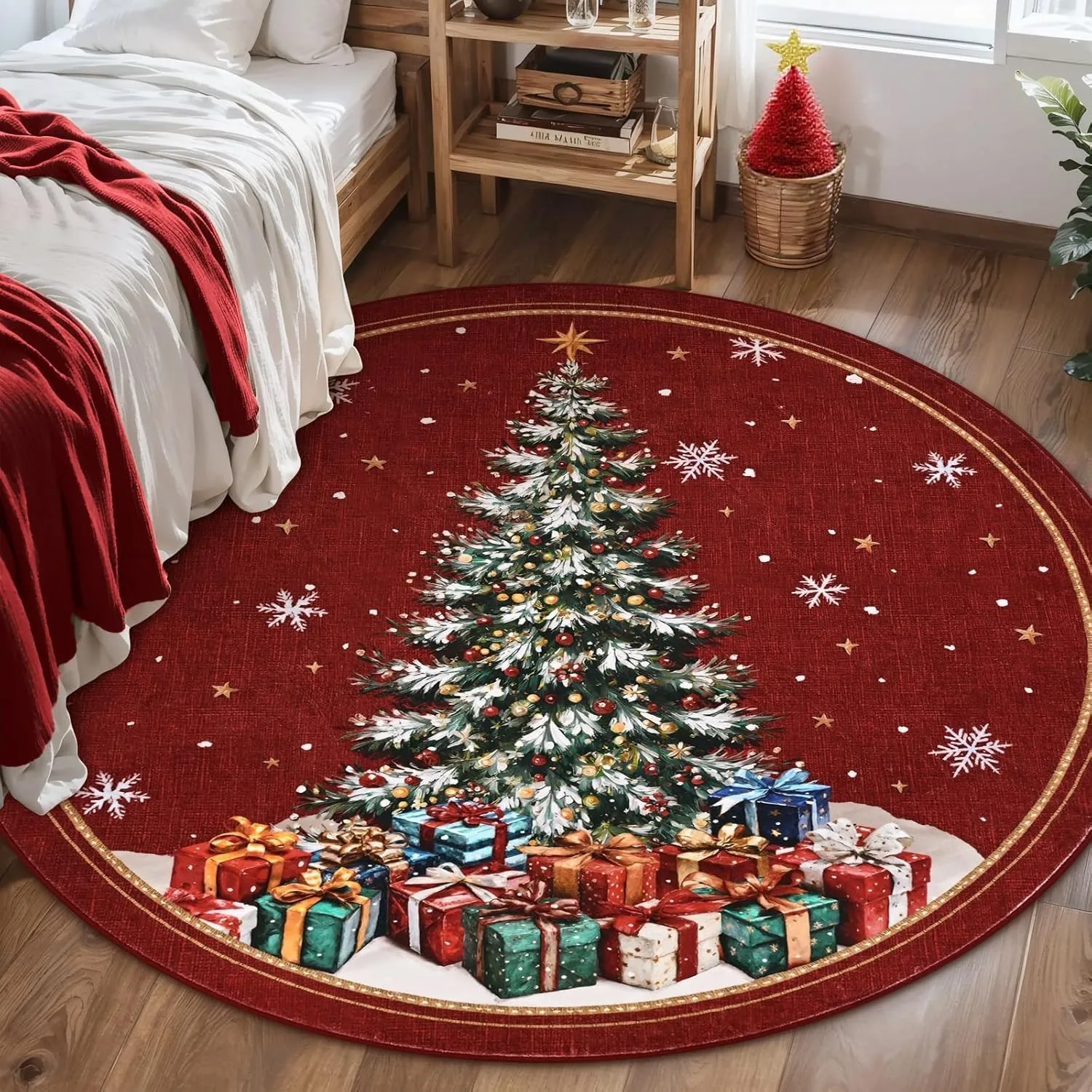 Christmas Round Rug Christmas Tree Washable Round Carpet for Living Room Non Slip Bedroom Mat Rugs for Holiday Decorations