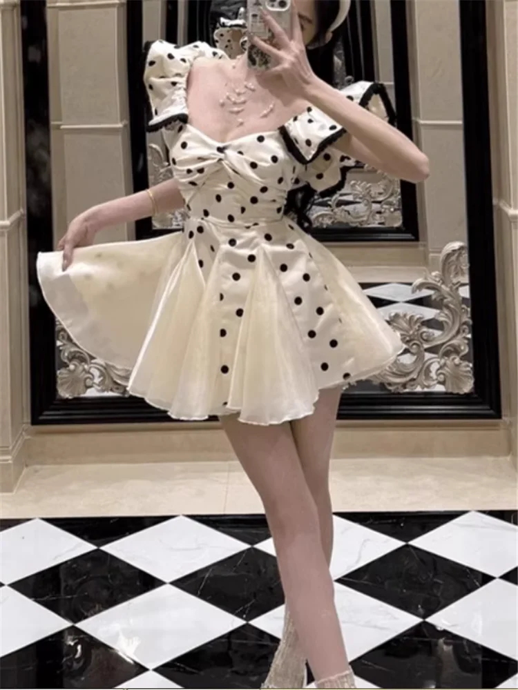 

French Vintage Celebrity Lady Polka Dot Fluffy Birthday Dress Lolita Girl Summer Mesh Patchwork A Line Mini Party Dress Vestidos