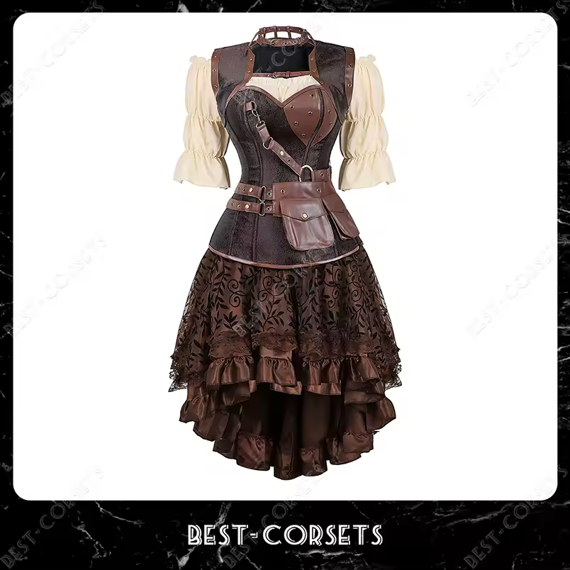 Vestido con corsé Steampunk, disfraz de pirata para mujer, blusa medieval de Halloween, vestido gótico con corsé de piel sintética con correas, color marrón