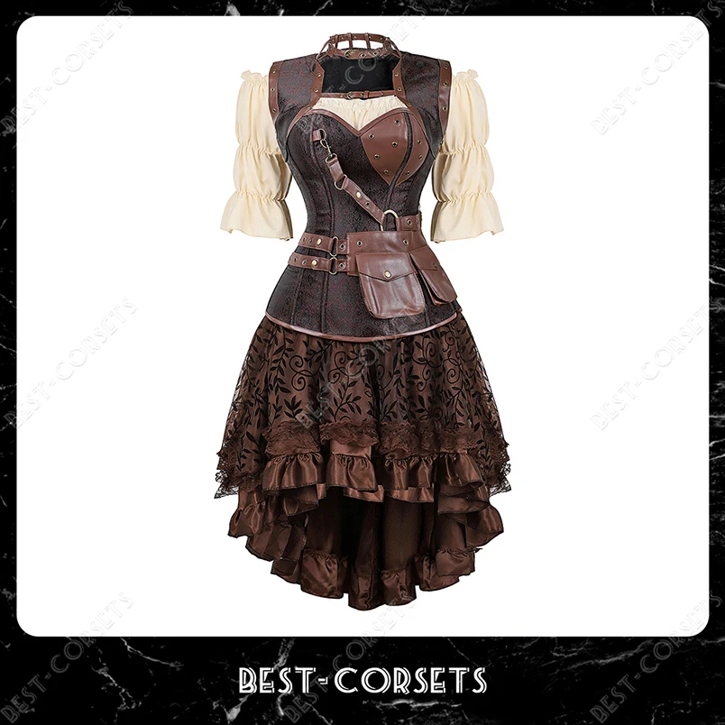 Steampunk gorset sukienka kostium pirata dla kobiet Halloween średniowieczna bluzka gotycka gorset ze sztucznej skóry sukienka z paskami brązowy