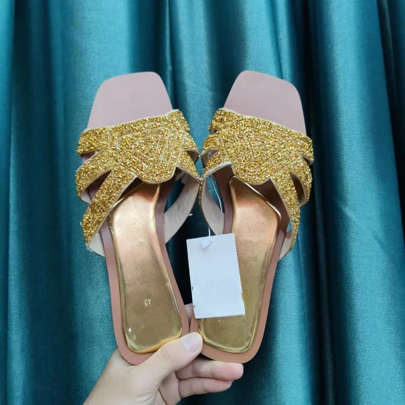 Women Flat Slippers Luxury Shiny Rhinestones Roman Outdoor Beach Slides 2024 Summer Daily Breathable Hollow Gold Female Shoes