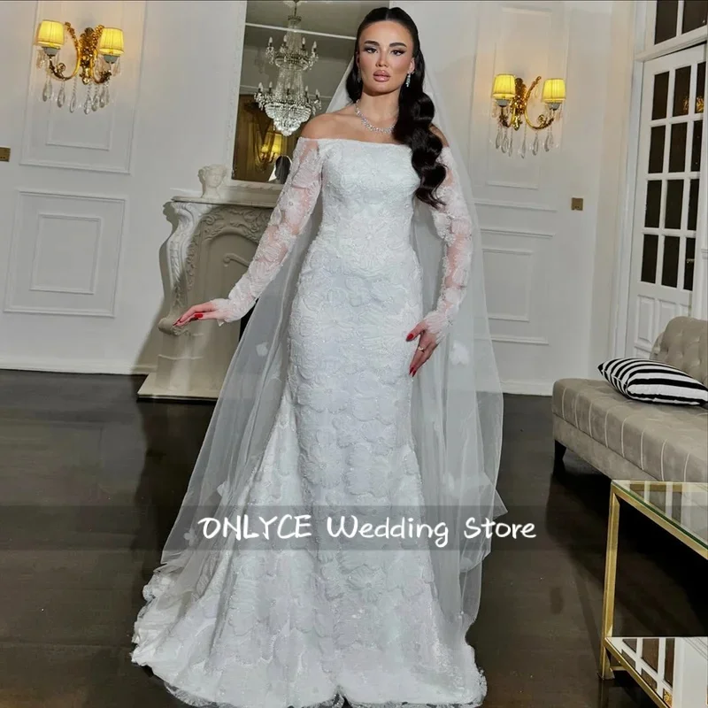 Abito da sposa arabo saudita Vestido De Noiva Abito da sposa a sirena in pizzo con scollo a barchetta personalizzato per donna sposa