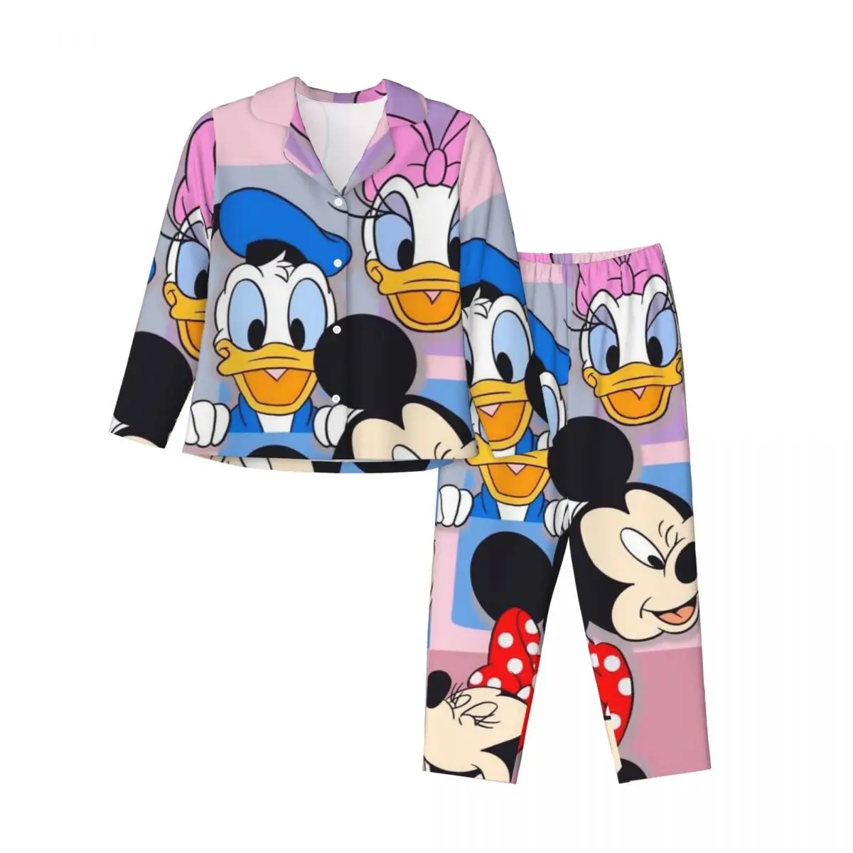 Disney Donald Duck Women's Pajamas Set Button Down Pajama 2 Piece Suit Pyjama Femme Nightwear Loungewear