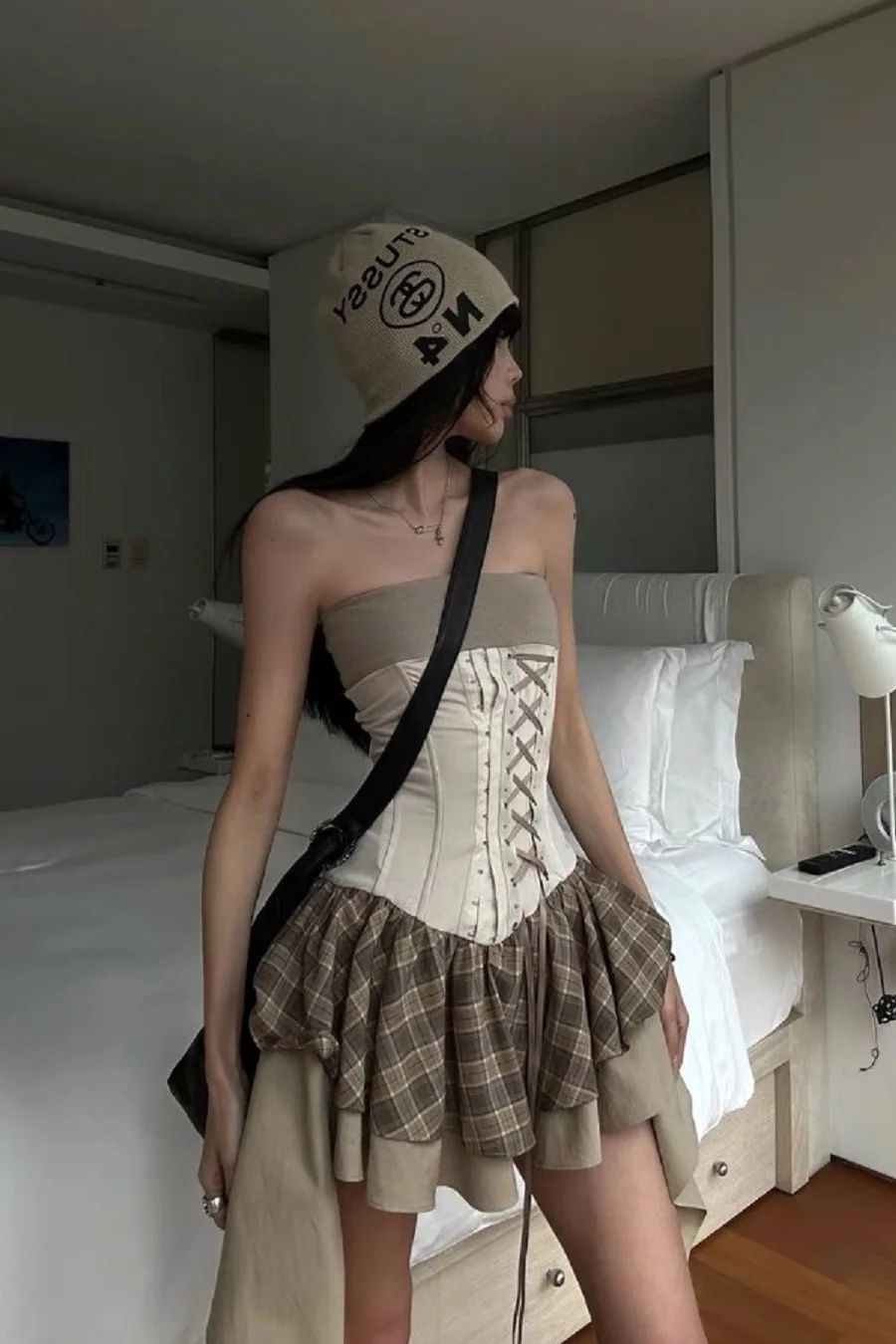 

Pure Desire Retro Sweet Spice Girl Strapless Tube Top Dress Female Summer New Irregular Design Sense Plaid Stitching Slim Skirt