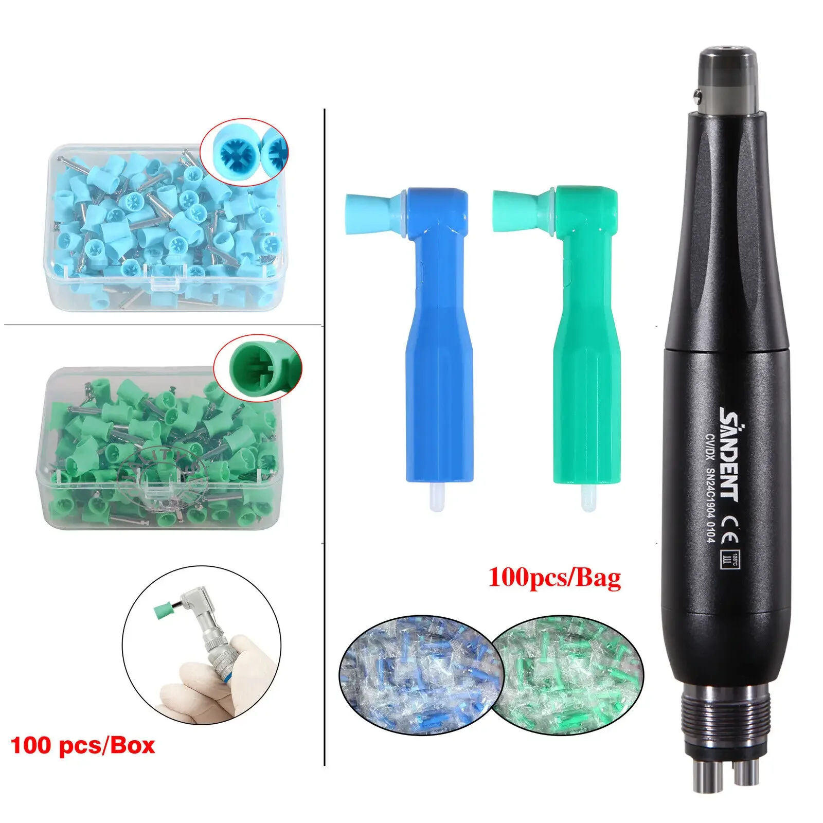 Dental Hygiene Prophy Handpiece  Air Motor 4 Holes With 4:1 Nose Cone 360° Swivel  Fit Nsk/100PCS Polishing Cup