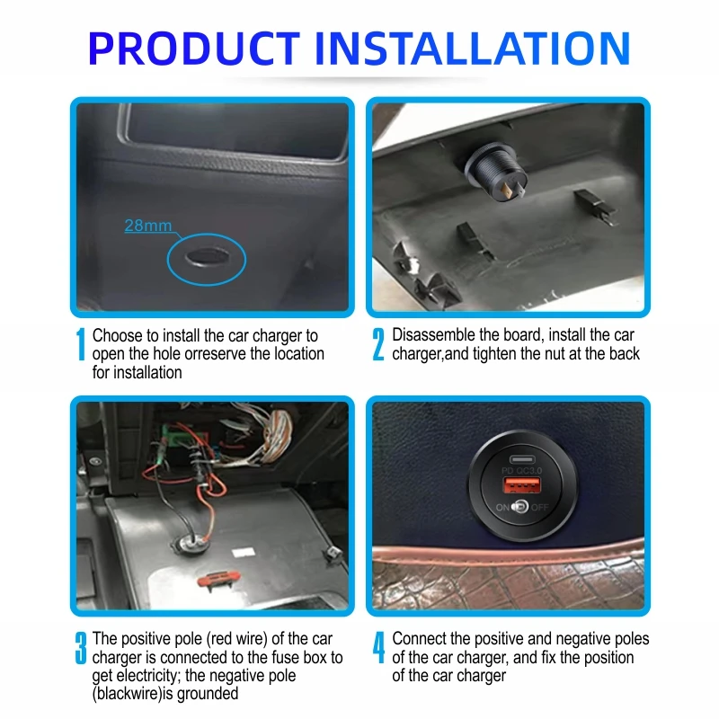 12V/24V USB Outlet SOCKET 36W 2Port Dual PD USB C Car Charger Socket and Quick Charge 3.0 USB Charger with Power Switch