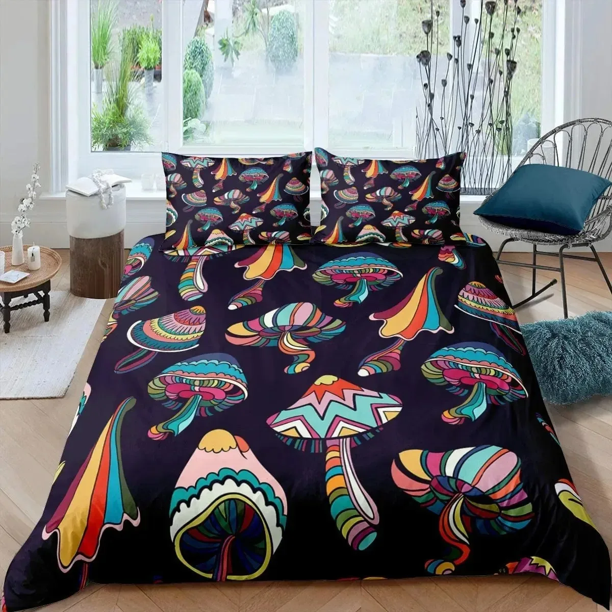 

Wild Mushroom Duvet Cover Set Burgundy Plant Bedding Set for Kids Comforter Cover Soft Polyester King Queen Size with Pillowcase