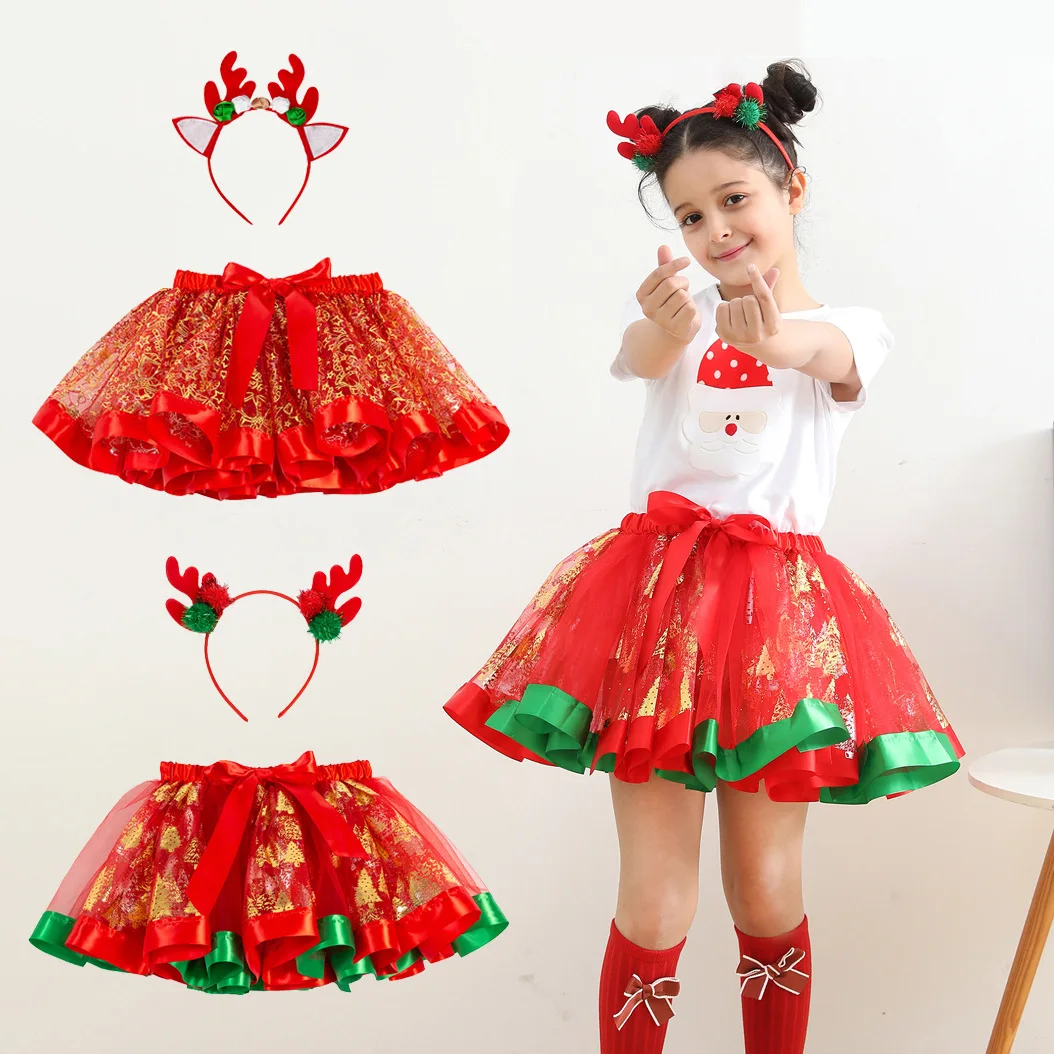 Kids Girl Christmas Skirts Children Xmas Red Green Tutu Skirt 2-8 Years Old Girl Clothes