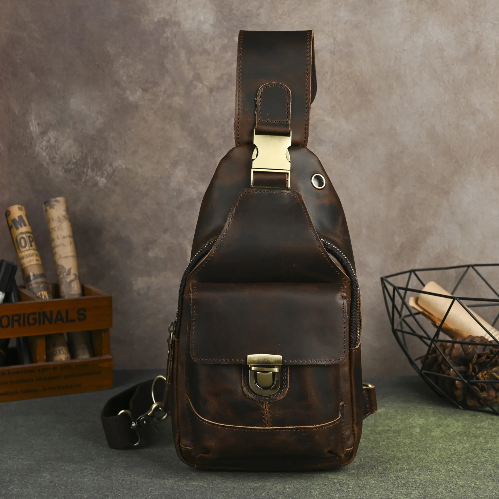 Men Vintage Genuine Cowhide Chest Bag 8 Inch Phone Pouch Multi-purpose Outdoor Crossbody Bag for Men