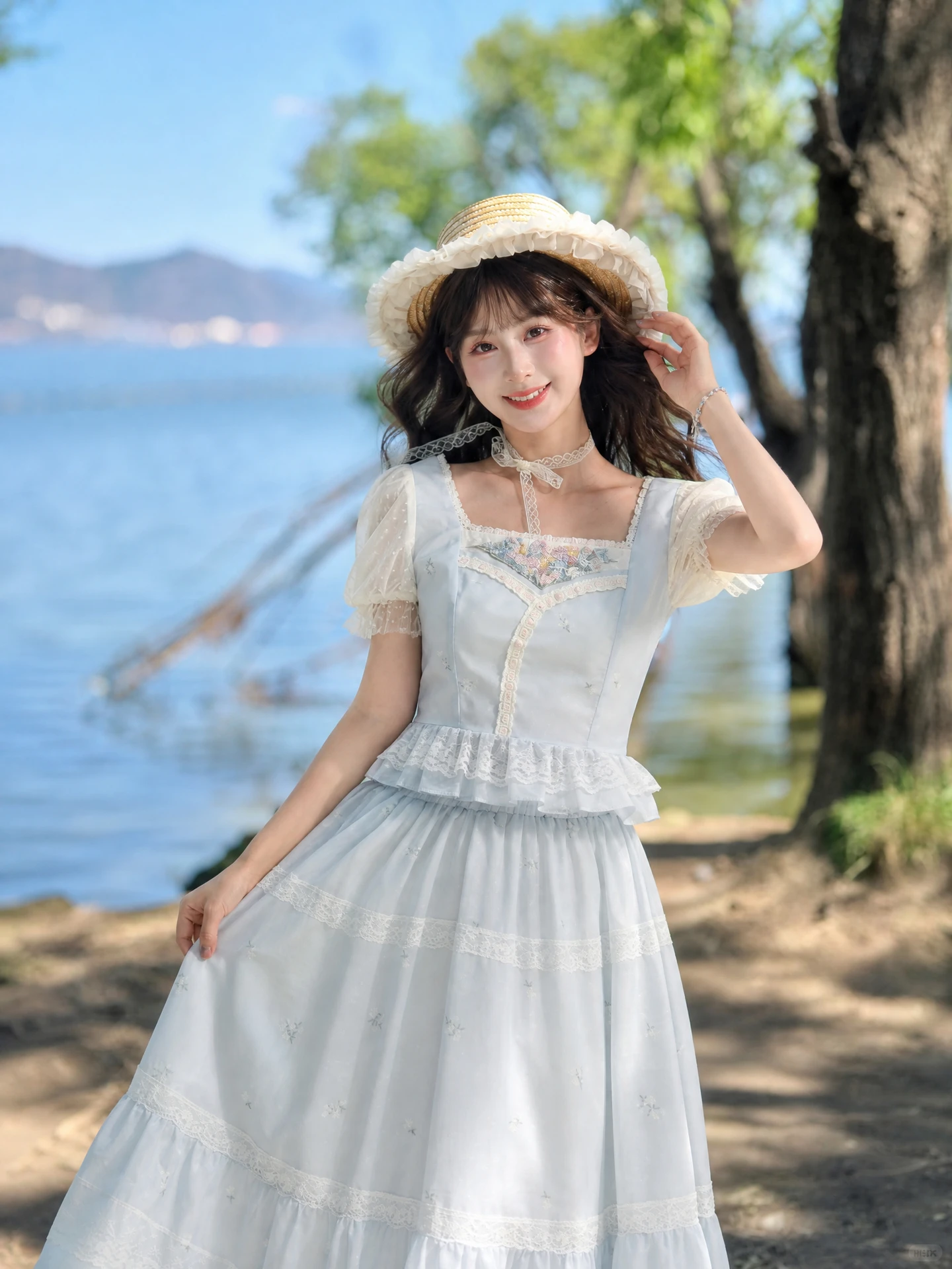 Sweet Style Embroidered Lace Bubble Sleeve Short Waist Design Women's Top Summer Fashion High Waist Zipper Closure Polyester ...