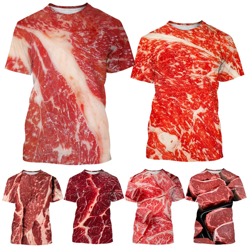 Fashion Funny Fresh Meat Beef 3D Print T-shirt Men's Women's Casual Short-Sleeved round Neck Top