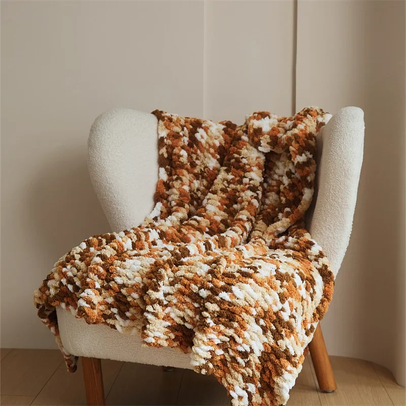Chunky Hand-Knit Ombre Sherpa Fleece Blanket Boho Modern Sofa Couch Cover Luxury Soft Yarn Throw for Bedroom Decor