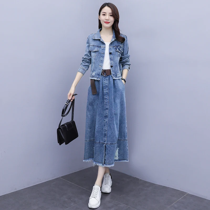 

Fashion Women Denim Sets Long Sleeved Short Denim Jackets+Holes Tassels Jean Skirts 2023 New Spring Female Two-Piece Suits