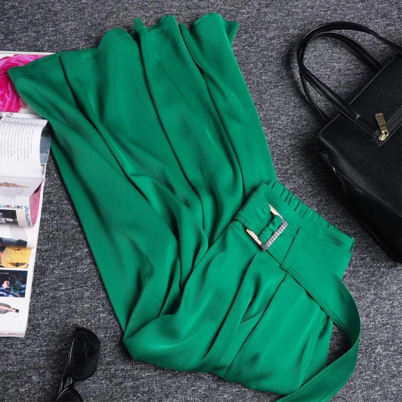 

Korean Simple Solid A Line Belt High Waist Midi Skirt Female Elegant Office Lady Green Long Skirt for Women 2025 Summer