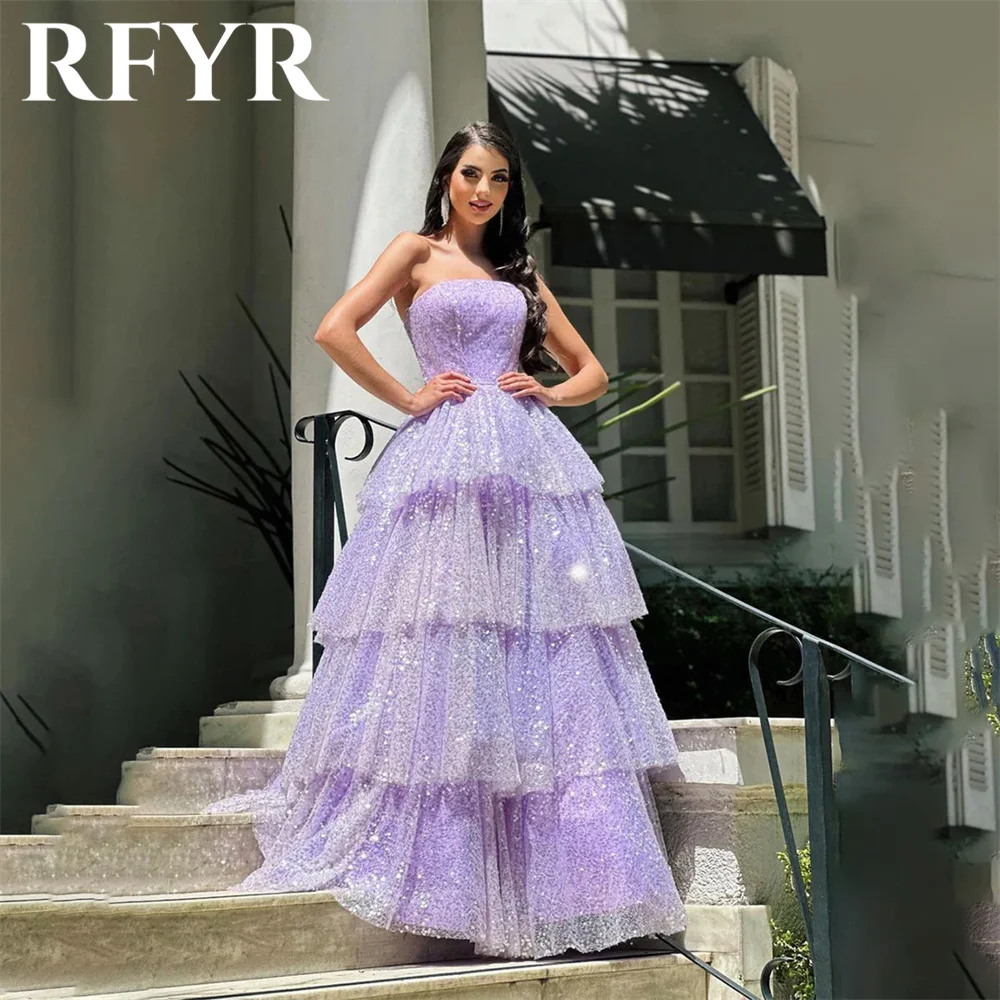 

RFYR Glitter Purple Prom Dresses Strapless Sleeveless Party Dresses Tiered Layer Evening Dresses Net A Line vestidos de noche