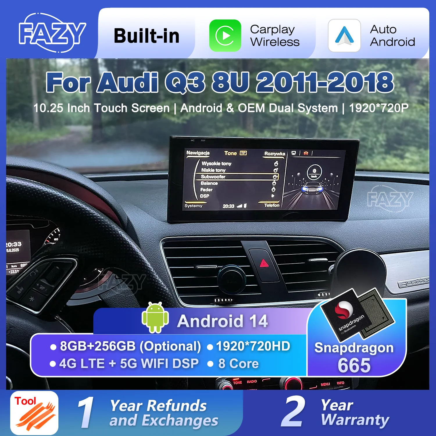 

FAZY Android 14 Auto Car Touch Screen For Audi Q3 8U 2011-2018 CarPlay Multimedia Player Navigation Car Stereo Radio DSP 4G WIFI