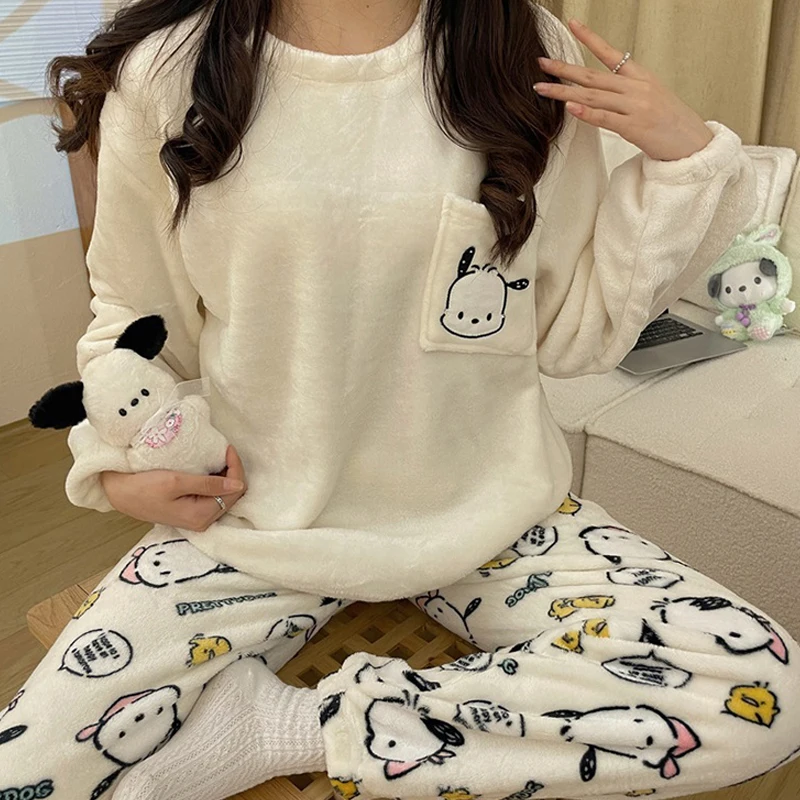 Sanrio Fashion Pochacco Hello Kitty Casual Home Flannel Thick Warm Cartoon Pajamas Set For Women