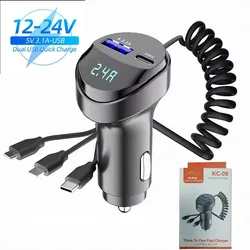 3 in 1 Car Charger Cables Adapters With 3.1A USB Type C for Samsung IPhone Huawei Quick Charging Chargers with Digital Display
