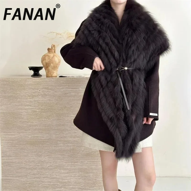 

FANAN, женское двустороннее шерстяное пальто средней длины с большими лацканами, съемный кожаный ремень с заниженными плечами и рукавами средней длины, новинка зимы