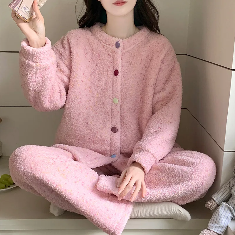 Autumn Winter Velvet Pajamas Suit Female Sweet Korean Fresh Thicken Plush Homewear Cardigan Tops Pants Warm Lounge Clothes Suit