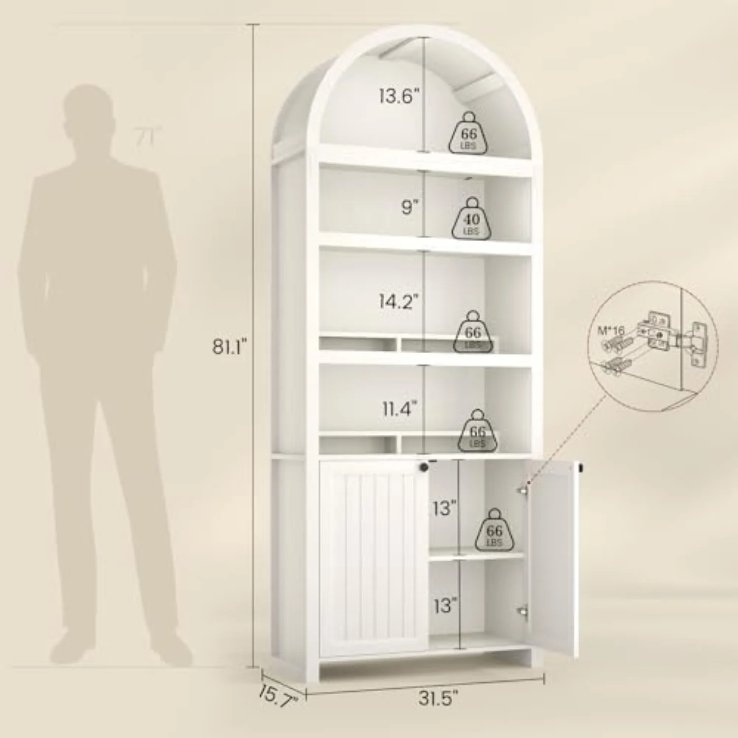 81" Tall Arched Cabinets,Bookcase with storage,Mid-Century Modern 6-Tier Bookshelf with Door,2 Book Risers and view 2