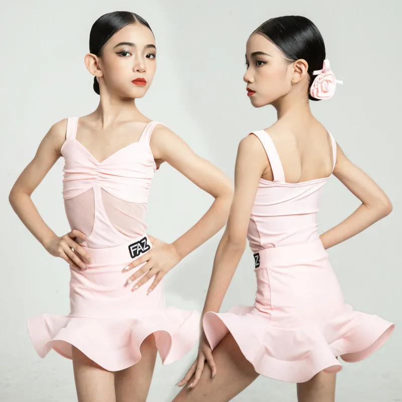 Kid Pink Summer Spaghetti Strap Latin Tutu Dress For Girl Daily Training Competition Premium Outfit Stage Professional DanceWear