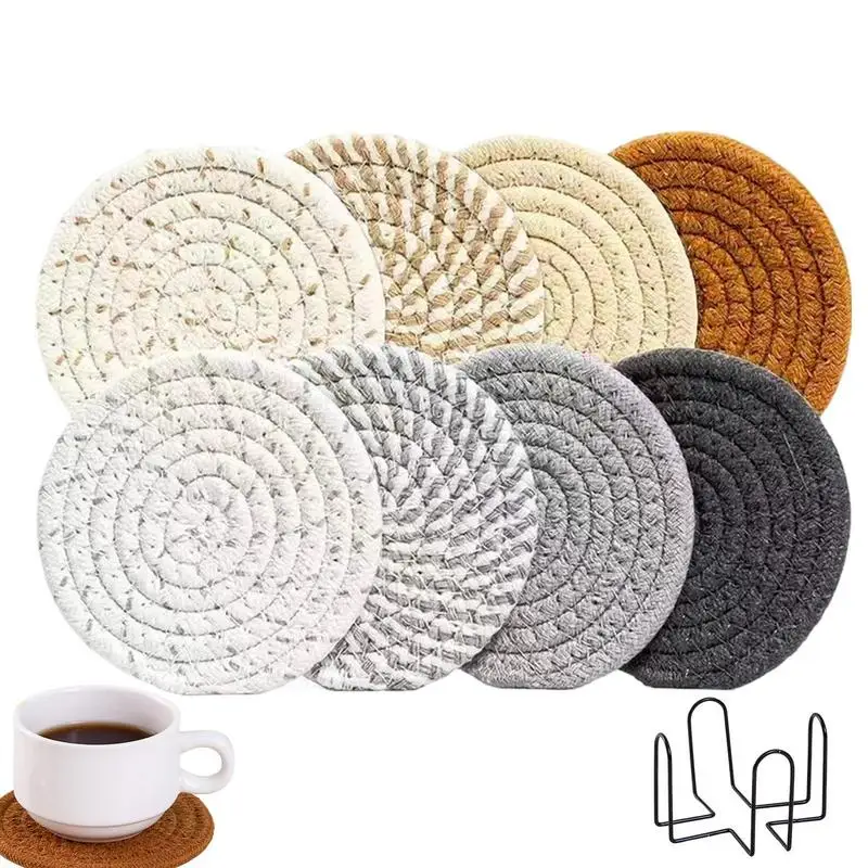 8Pcs Woven Insulation Mat Dinner Plate Beverage Insulation Mat Water Absorbent Round Heat Resistant Woven Mat Home Decoration